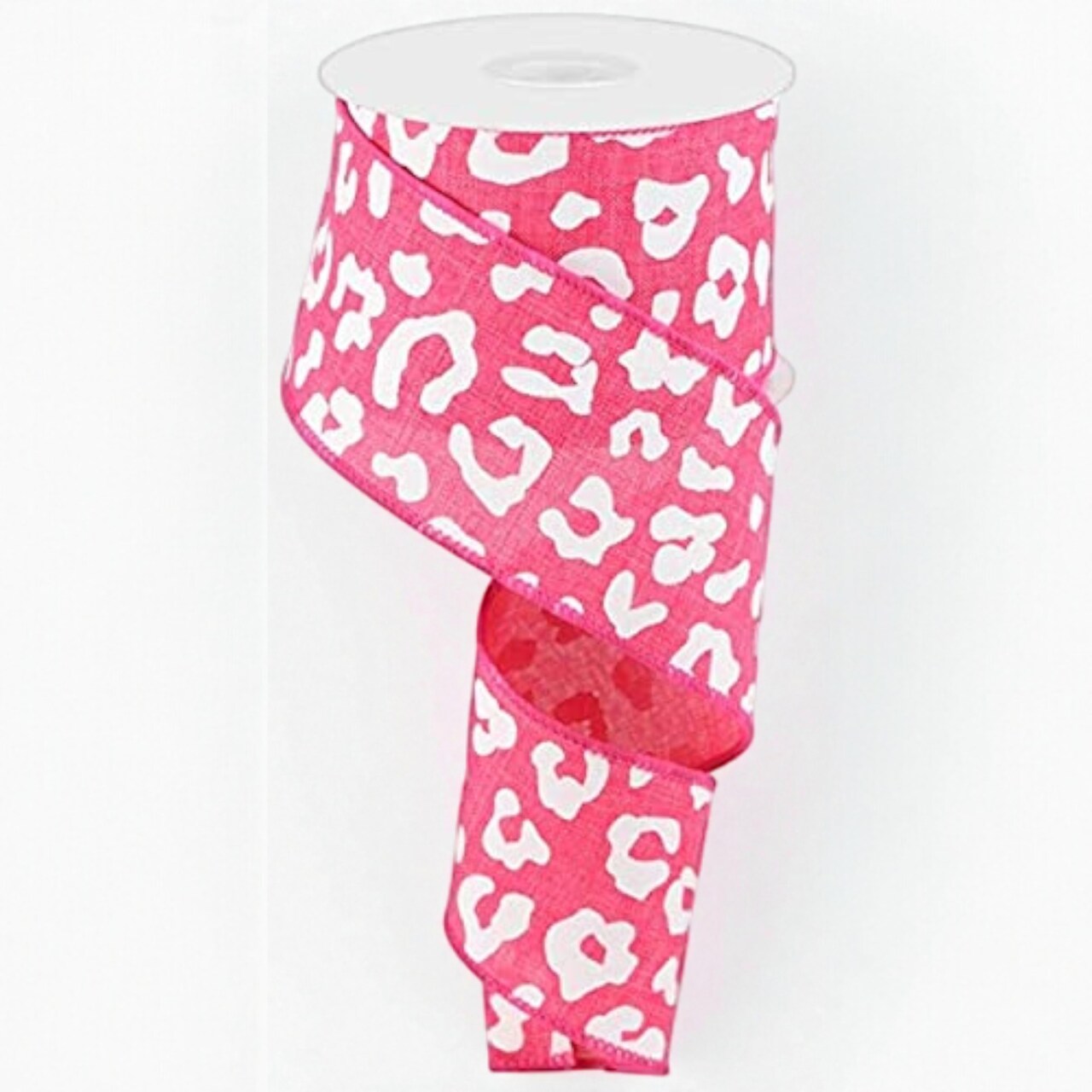 Leopard Animal Print Wired Edge Ribbon for Bows, Wreaths, Crafts, and Decorations, Royal Burlap Canvas (Hot Pink, White, 2.5" x 10 Yards)